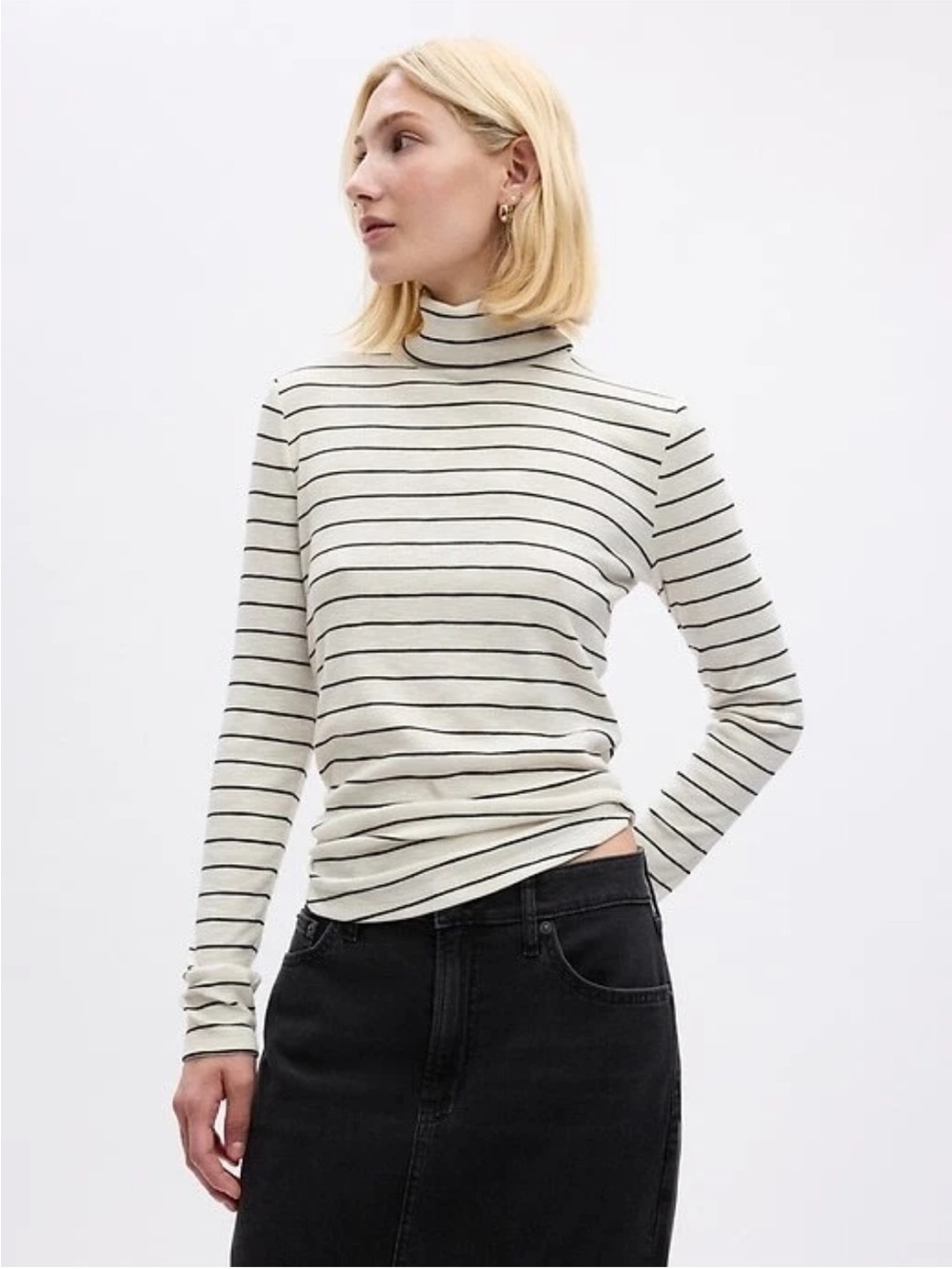 GAP | Women’s White/Black Striped Ribbed Ling Sleeve Turtleneck Top Size XL